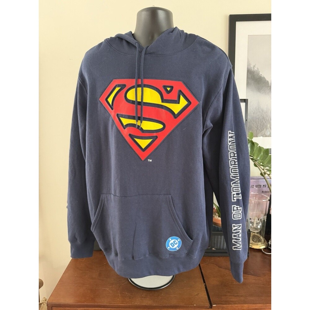 DC Comics Mens Superman Hoodie Big Fly 3D Logo Mad Engine Navy Sweatshirt L